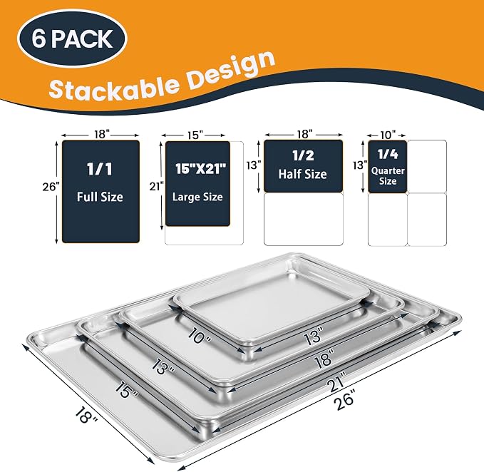 6 Pack Half Size Aluminum Baking Sheet Pan, 18 x 13 in | NSF, Aluminum Commercial Cookie Sheets, Non-Stick, Oven Safe Up to 500℉