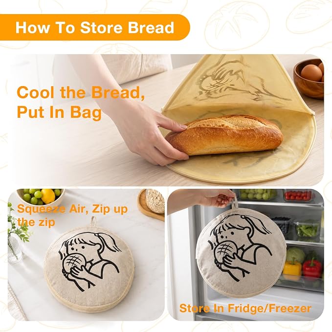 Reusable Bread Bag for Homemade Bread, 15 Inch Round Beeswax Bread Bag Fits Most Proofing Baskets, Cotton Linen Sourdough Bread Storage Bag for Artisan Bread Loaves