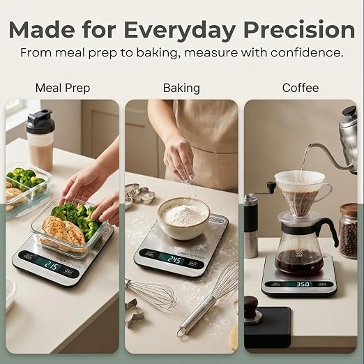 CINCY Digital Food Scale for Kitchen – Stainless Steel Kitchen Scale with Tare Function, Large LCD – Meal Prep, Baking & Cooking Scale - 6 Units (g/oz/lb/ml/kg) -10kg/22lb Capacity, 1g Precision