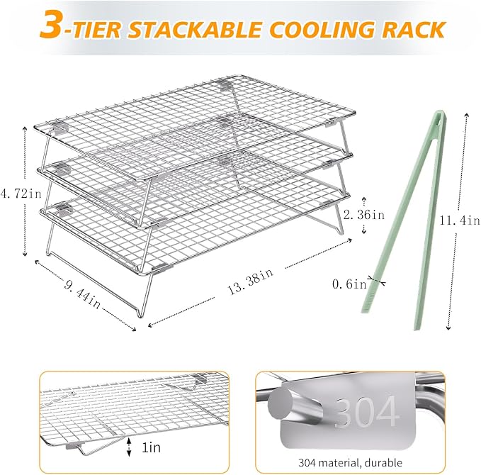 Cooling Rack 13.4"x9.3",3-Tier Stackable Stainless Steel Wire Cookie Cooling Racks for Baking,Collapsible Cooling Racks for Cooking and Baking Cookie Pizza Cake, Oven and Dishwasher Safe