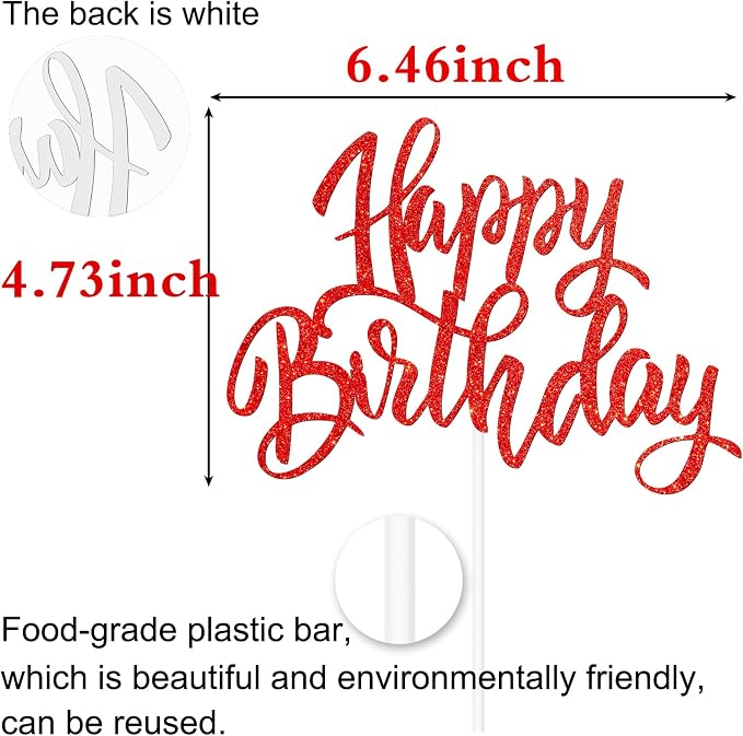 Happy Birthday Cake Decorations, Gold Double-Sided Glitter Letters, Birthday Party Supplies, Cake Topper Decorations (red)