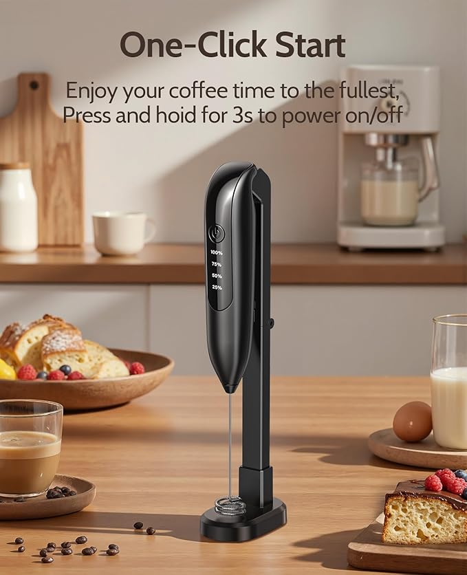 Electric Milk Frother Handheld: Rechargeable 3 Heads 3 Speeds Portable Stainless Steel Drink Foam Mixer with LED Digital Display for Milk Coffee, Lattes, Cappuccino, Matcha - Onyx Black
