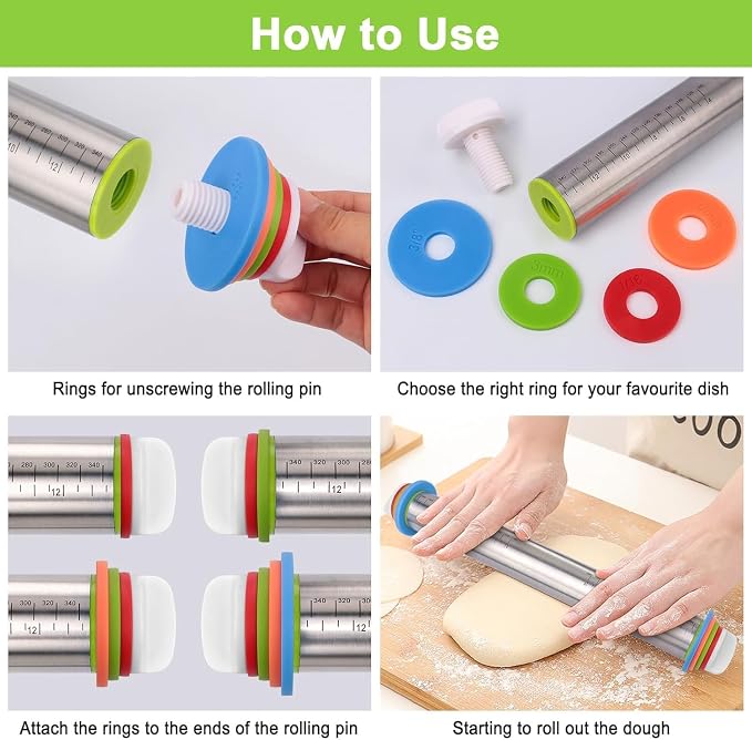 Rolling Pin and Pastry Baking Mat Set, 17-inch Rolling Pins with Adjustable Thickness Rings, Stainless Steel Dough Roller for Baking Fondant, Pizza, Pie, Pastry, Pasta, Cookies (Red)
