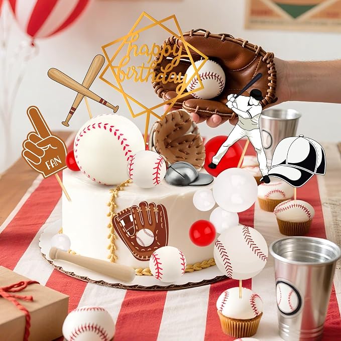 23Pcs Baseball Cake Toppers for Boys Baseball Cake Decorations with Baseballs Bat Glove Hat Player Red White Balls for Baseballs Themed Birthday Party Decorations Sports Theme Party Decoration