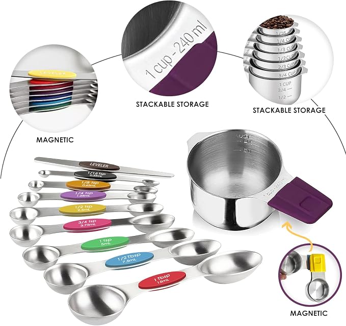 16PCS Magnetic Measuring Cups & Spoons Set,Heavy Duty 304 Stainless Steel，Double Measurement Easy to Read Markings with Leveler for Measure Dry or Liquid Ingredients ﻿