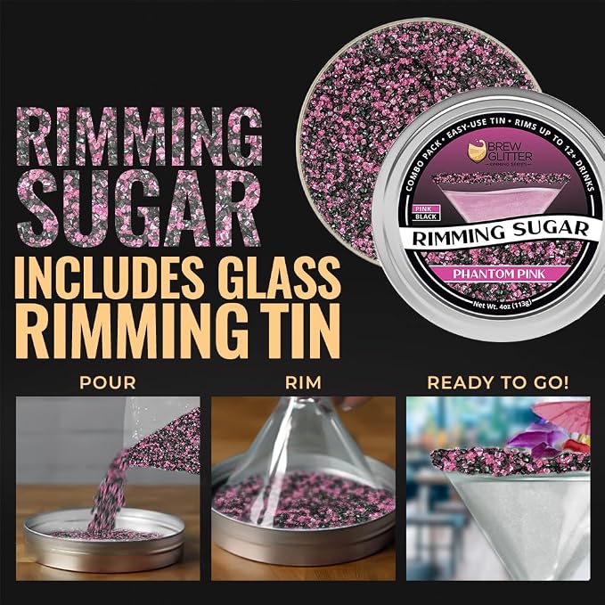 Rimming Sugar - Pink & Black Phantom Pink Mix (4oz 1x Tin) | Cocktail Drink Rimmer for Beverages, Cocktails, Margaritas by Brew Glitter