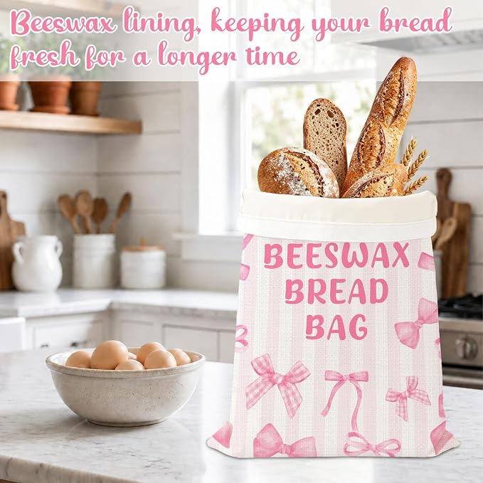 2 Pack Beeswax Bread Bag for Homemade Bread, Reusable Natural Beeswax Storage Bag, Pink Bow Decoration, Reusable Linen, Food Storage Cloth Bag with Buckle, Home Portable Supplies 13 * 17IN