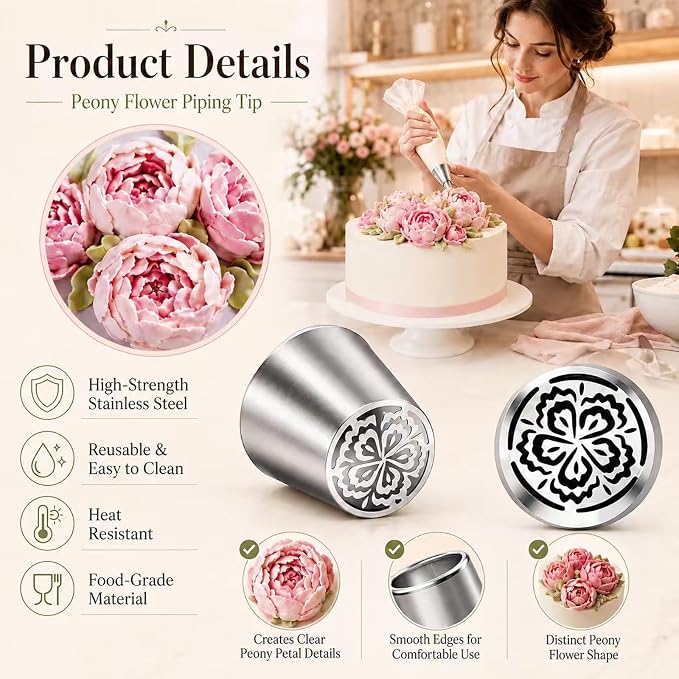 4pcs Russian Piping Tips Set Extra Large Stainless Steel Flower Icing Nozzles One Step Peony Carnation Dahlia Rose Tips for Cake Decorating ButtercreamCupcake Baking Supplies for Beginners