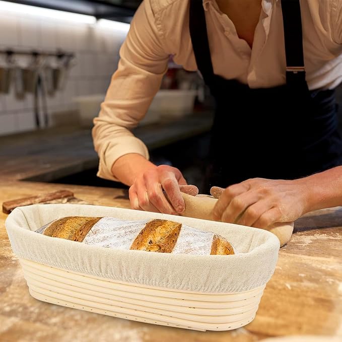 2PACK 12 inch Oval Bread Proofing Basket Banneton Bread Dough Proofing Rising Rattan Basket & Liner for Baking Bread Making