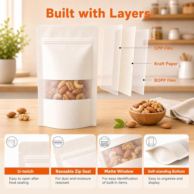 100 Pcs White Kraft Paper Bags with Window, 5.5" x 7.9" Stand Up Pouches Bags, Food Storage Bags for Packaging Products, Reusable, Sealable