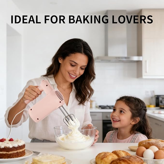 Hand Mixer Electric Handheld, Lightweight Hand Mixer Upgraded Motor, 5-Speed Electric Mixer With Stainless Steel Beaters, Dough Hooks, Westcookaid Turbo Ultra Power+ Eject For Cakes Eggs, Pink