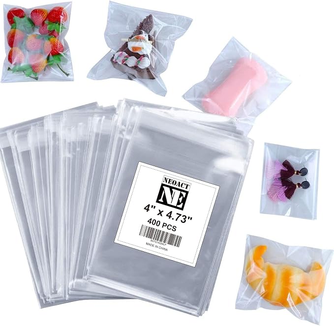 NEOACT 400 Pcs 4"x4.73" Clear Resealable Cellophane Bags Good for Bakery, Candle, Soap, Cookie Poly Bags