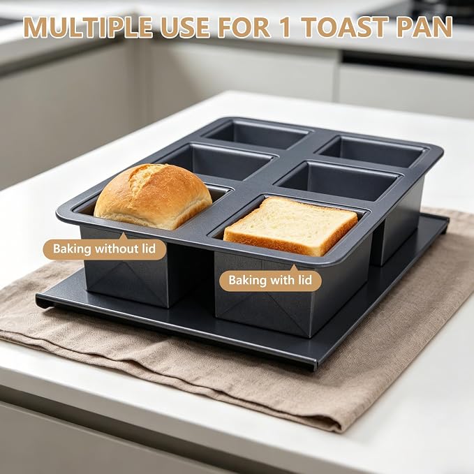 Mini Loaf Pan Pullman Loaf Pan with Lid 6-Cavity Non-Stick Bread Baking Pan Square Carbon Steel Toast Sandwich Box for Oven Microwave Baking Homemade Bread Cake Bakeware (26 * 17.5 * 6cm)