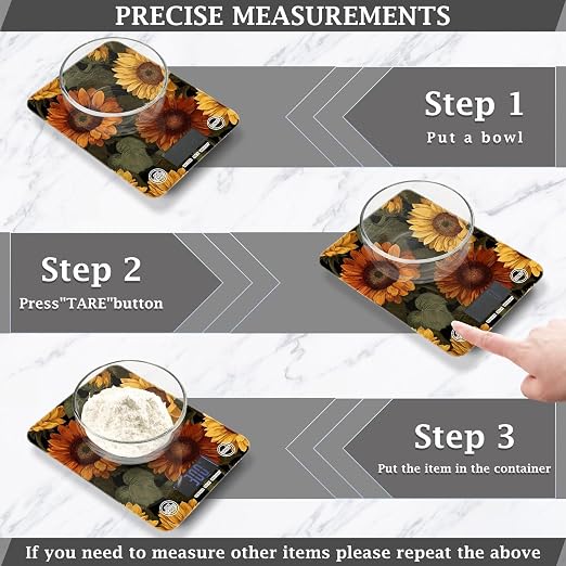 Food Scale Kitchen Digital Scale Food Ounces and Grams Dieting Baking Cooking Waterproof Glass Panels LCD Display,4 Units Scale Tare Function Sunflower