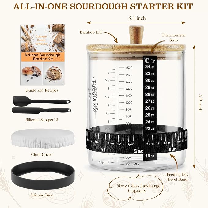 SheeChung 50oz Sourdough Starter Jar, Wide Mouth Sourdough Jar Glass, Bamboo Lid, Cloth Cover, Date Tracker, Scraper, Sourdough Starter Kit, Fermentation Jars, Sour Dough Bread Baking Supplies, 2 Pack