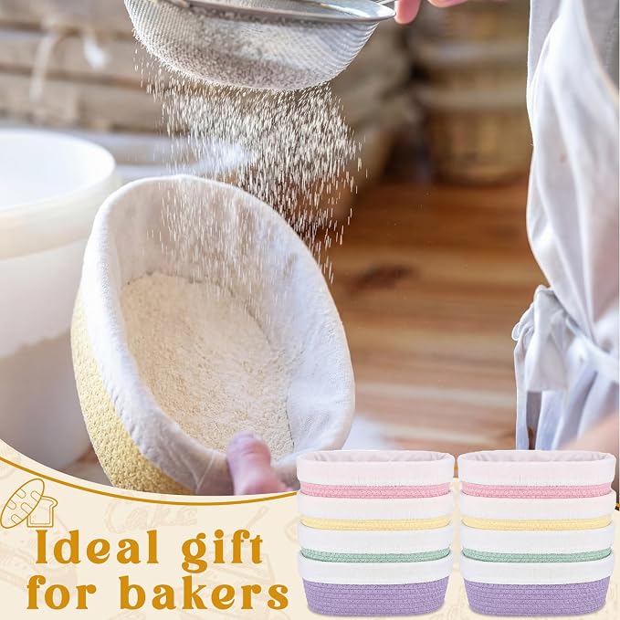 8 Pcs 10 Inch Bread Proofing Basket Set Cotton Rope Oval Banneton Basket Sourdough Bread with Liners Covers for Baking Supplies (Fresh Color)
