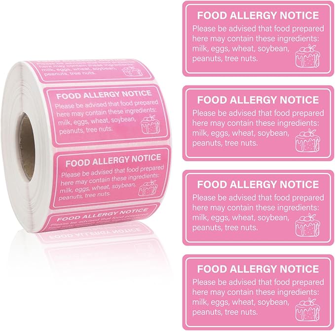1000pcs Food Allergy Stickers 2x1in Waterproof Food Allergen Warning Label Pink Self-Adhesive Roll up Food Allergy Alert Safety Sticker for Restaurant Cake Shop Party Cookie Bakery Businesses Kitchen