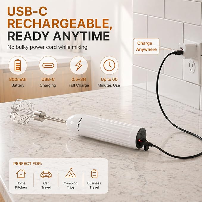 Handheld Electric Egg Beater Whisk,2-Speed USB-C Rechargeable Portable Wireless Balloon Whisk for Eggs, Milkshake Cream, Butter, Baby Food Fruits, Sauces and Soup for Kitchen,Camping Baking - White