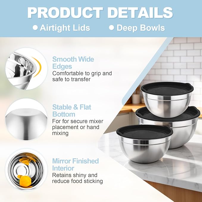 TeamFar Mixing Bowls, Stainless Steel Nesting Salad Bowls with Airtight Lids Set, For Serving/Mixing/Storing, Healthy & Long-lasting, Dishwasher Safe & Easy Clean, 4.6/3 / 1.5 QT, Black