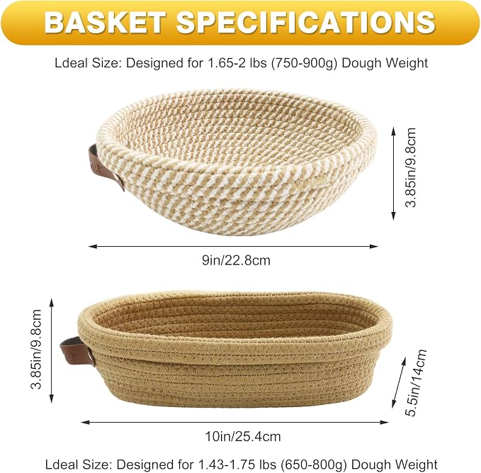 Nikkar Banneton Bread Proofing Basket Set of 2, 9 10 11 inches | Round & Oval Cotton Rope Sourdough Bread Baking Supplies Proofing Bowls with Liners & Covers Gifts for Bakers Women Wife Mom