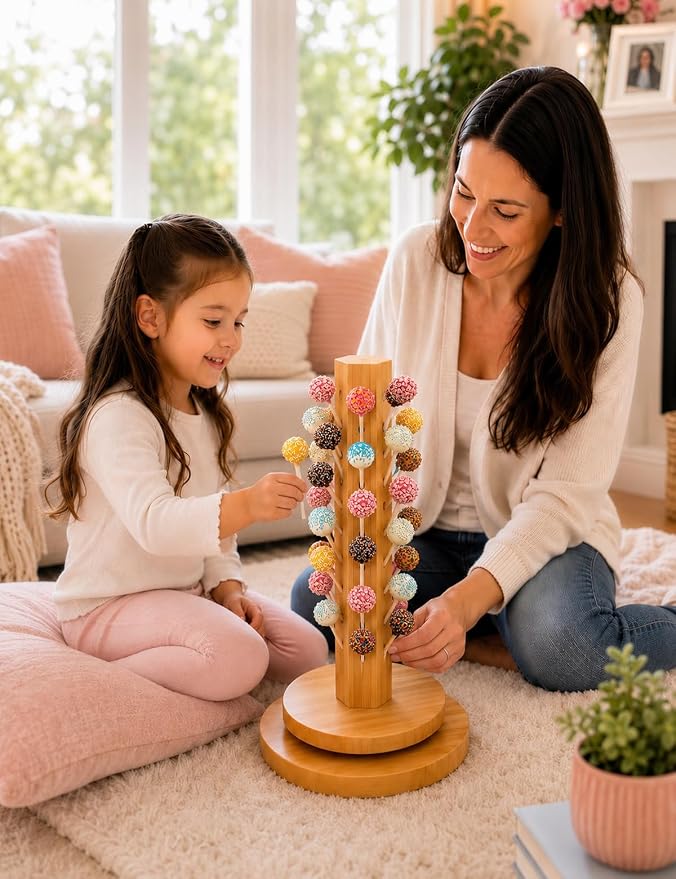 Wood Cake Pop Stand 36 Holes with Spinning Base,Cake Pop Holder Stand for Dessert Table,Lollipop Holder Candy Table Display with Treat Bags,Lollipop Sticks & Gold Twist Ties, Dessert Stand for Wedding Birthday Baby Shower Parties Anniversaries (kit)