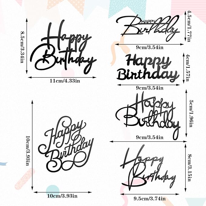 6 Pcs Happy Birthday Cake Topper Side Mirror Acrylic Sign Decorations Black Inserts Decor Supplies Cupcake Toppers for Party Dessert