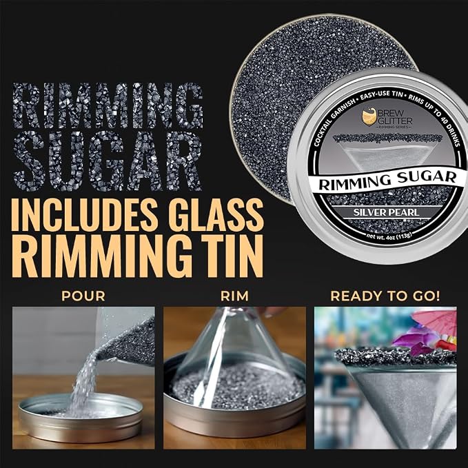 Brew Glitter - Silver Rimming Sugar (4oz, 1x Bar Tin) Cocktail Garnish for Mixed Drinks & Refreshments