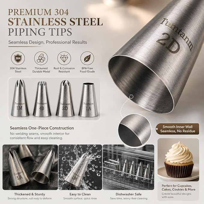 Professional Large Piping Nozzles, 4pcs Stainless Steel Seamless Icing Piping Nozzle Tip Set for Cakes, Cupcakes and Baking