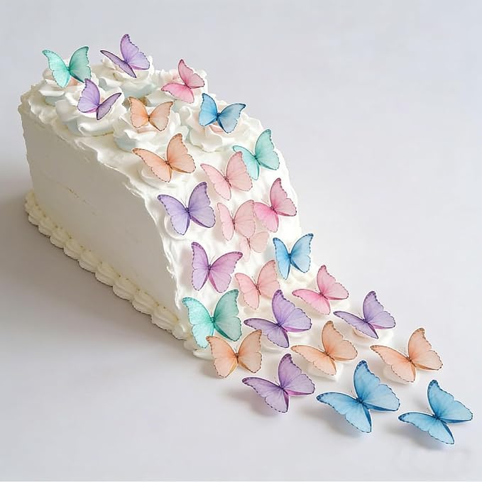 GEORLD Edible Wafer Paper Butterflies Set of 48 Purple Colorful Cake Decorations, Cupcake Topper Mixed Color
