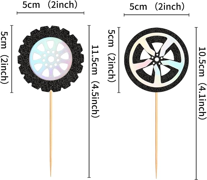 Ercadio 24Pcs Race Car's Wheels Cupcake Toppers Black Silver Wheels Car Tires Cupcake Picks for Racing Car Party Cake Decorations Baby Shower Kids Birthday Party Decoration Supplies