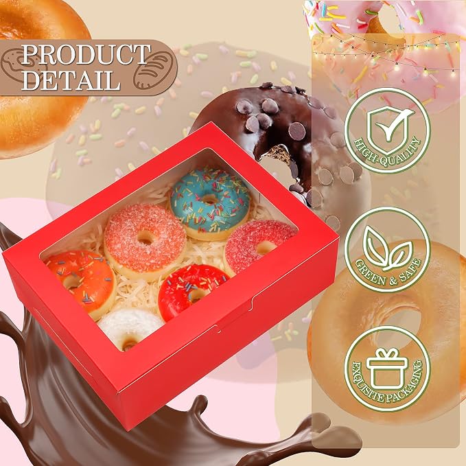 KPOSIYA 65 PCS 8x6x2.5 Inch Cookie Boxes with Window Red Bakery Boxes Pastry Boxes for Gift Giving, Treat, Dessert, Cupcakes, Chocolate, Strawberries, Donuts, Muffins (5 Style Windows)