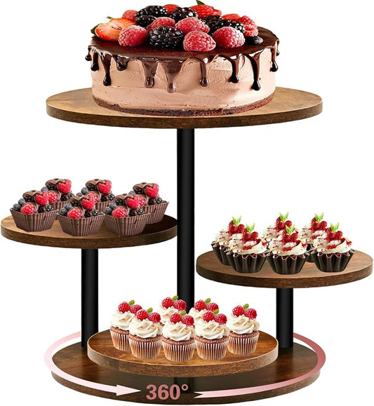 NANXITU 4 Tier Cupcake Tower Stands for 50 Cupcakes,360° Rotatable Round Cup Cake Stand with Tiered Tray,Farmhouse Wooden Dessert Table Display Stands for Wedding Birthday Baby Shower Tea Party