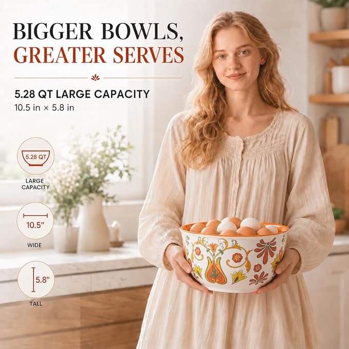TP Large Mixing Bowl Set with Lids, Melamine Nesting Bowls Set for Pasta Baking Salad Mixing, Set of 3, Aztec Bloom
