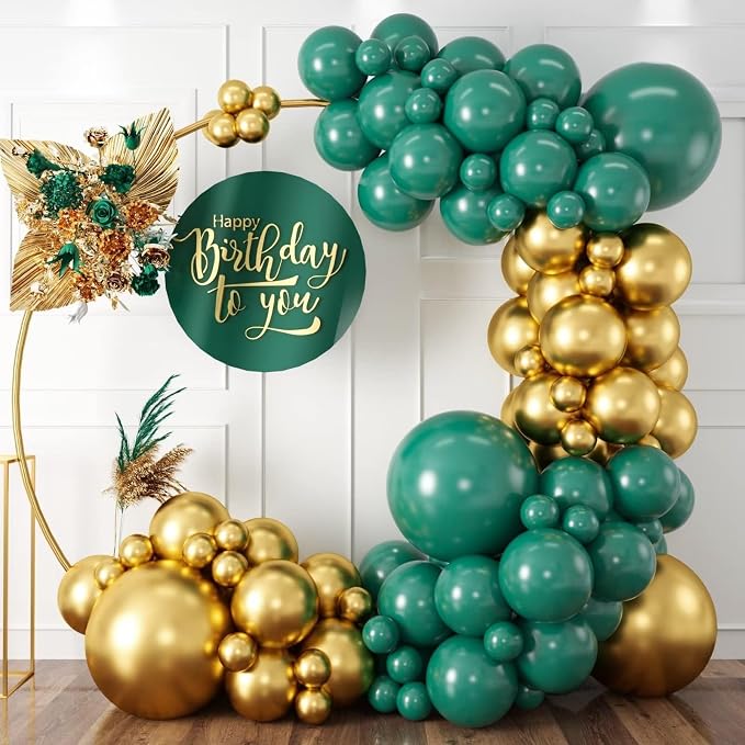 Green and Gold Balloon Arch Garland Kit, Metallic Gold and Latex Dark Green Balloons Different Sizes 18/12/10/5 inch for Wedding Birthday Graduation Anniversary Jungle Safari Themed Party Decorations