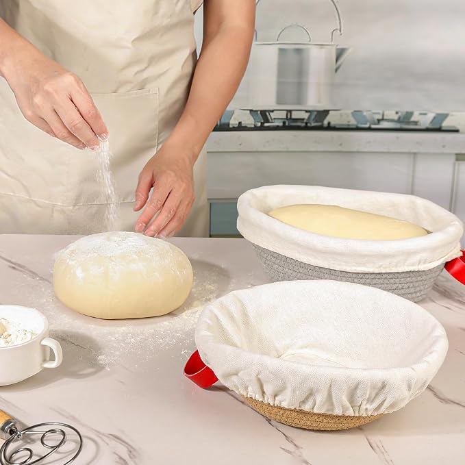Cotton Rope Banneton Bread Proofing Basket Set, 10" Oval & 9" Round Baskets with Liners & Covers for Perfect Artisan & Sourdough Bread Baking at Home