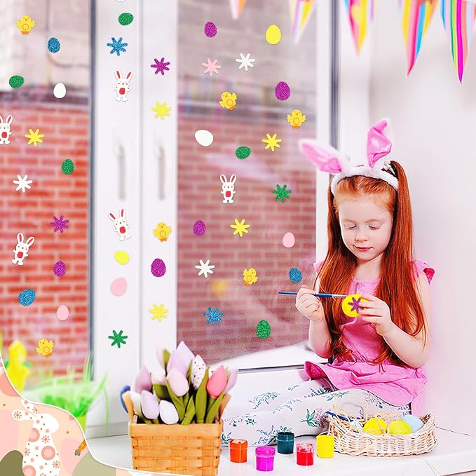 600Pcs Easter Foam Stickers Glitter Bunny Eggs Chick Stickers | Self-Adhesive Easter Egg Flower Decal for Kids, Handmade Card DIY Arts Crafts, Spring Party Favors Decorations