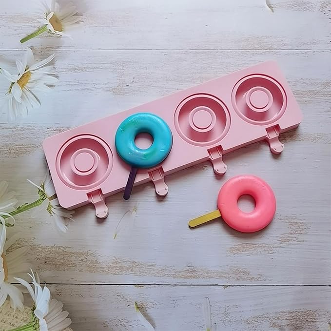 Doughnuts Shape Ices Cream Molds 4 Cavity Silicone Popsicles Molds Cubes Tray Maker Baking Cake Candy Mold Cubes Tray Maker Baking Cake Candy Mold