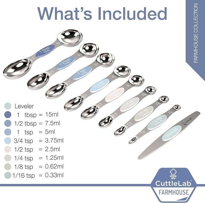 CuttleLab Magnetic Measuring Spoons Set - Stainless Steel, Double Ended, Stackable & Nested Design for Dry and Liquid Ingredients, Ideal for Spice Jars, 9-Piece Set with Leveler (Farmhouse)