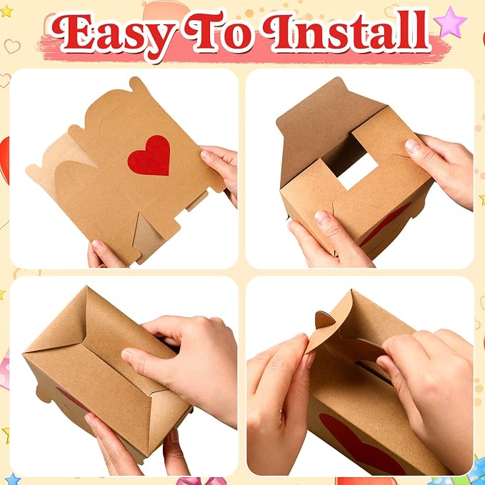 Colarr Mother's Gift Treat Boxes Hearts Prints Galentine Cookie Boxes with Handles 5.9 x 3.5 x 3.5 Inches Goodie Candy Container Kraft Paper Party Favor Holder(24 Pcs)