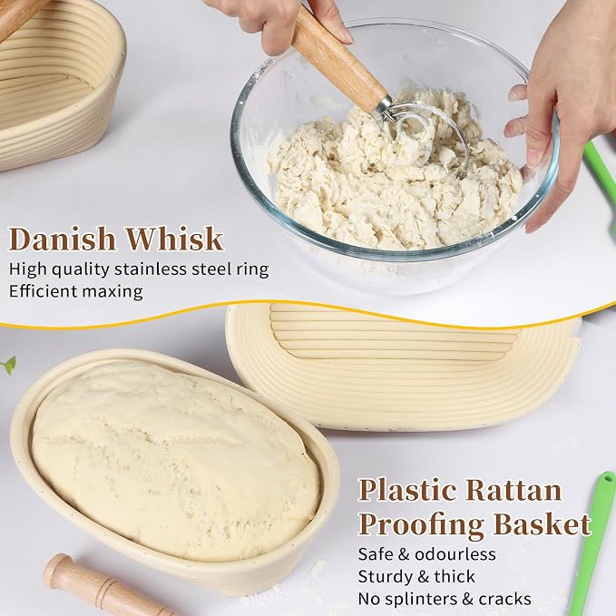 Banneton Bread Proofing Basket Set, 11 Inch Sourdough Proofing Basket and Bread Baking Supplies-Bread Lame, Danish Whisk, Bowl & Dough Scraper, Brush, (Plastic, 9in Oval + 10in Oval+11in)