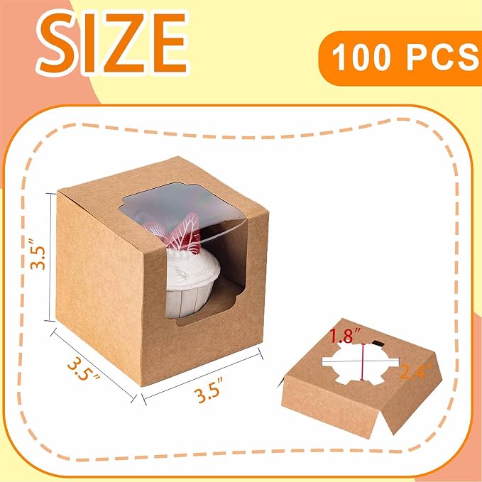 BOOMIBOO 100 Pack Individual Cupcake Containers, Cupcake Boxes with Window, Food Grade Cupcake Holders with Inserts, Stackable Deep Cupcake Carrier (Brown)
