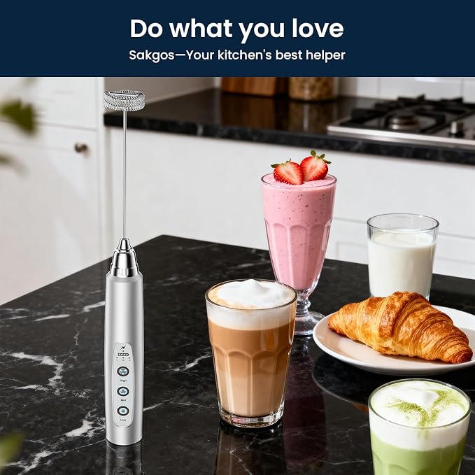 Sakgos Milk Frother Rechargeable Handheld-Electric Whisk 3 Speed Adjustable, Coffee Frother Wand with 3 Stainless Whisks, Electric Foam Maker, Drink Mixer Blender for Latte Cappuccino Matcha Egg
