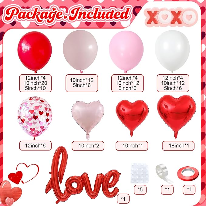 Valentines Day Balloon Arch Kit 114Pcs Red Pink White Balloon Garland Kit with Love Heart Foil Balloons Galentines Party Balloons Decorations for Marriage Proposal Engagement Wedding Mothers