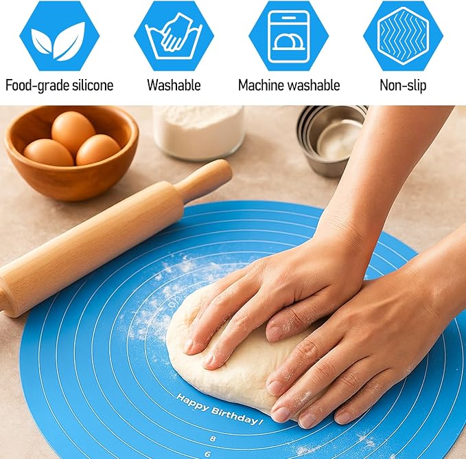 2Pcs Silicone Cake Mat,12 Inch Round Baking Mat with Measurements Reusable Turntable Pastry Mats for Rolling Out Dough Cake Pizza and Cookies (Pink&Blue)