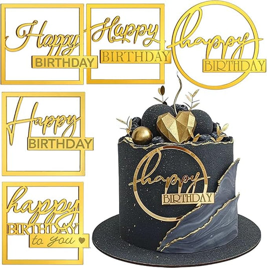5pcs Acrylic Happy Birthday Cake Toppers Happy Birthday Sign Cakes Decor Round Square Side Cupcake Toppers Mirror Gold Cake Decorations for Women Men Birthday Party Supplies