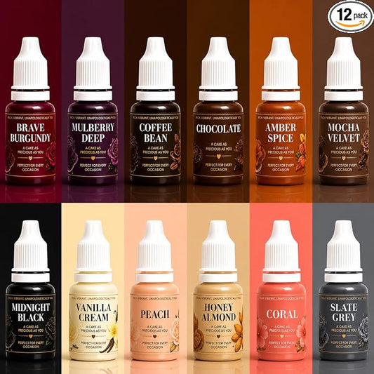 Confect Browns & Depth Gel Food Coloring Set – 12 Highly Pigmented Colors for Buttercream, Cakes, Cookies, Macarons & Baking – 10mL Bottles