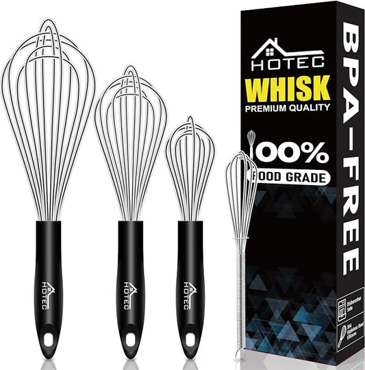 HOTEC Stainless Steel Whisk Set of 4, Food Grade Balloon Whisk Egg Beater, Thicken Wire Mixing Whisk for Baking, Cooking, Whisking Cream, Sauce, Pancake Batter