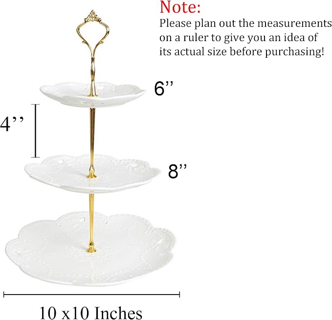 Jusalpha Cupcake Stand 3 Tier White Porcelain Cake Stand Dessert Stand Tea Party Serving Platter, Comes in a Gift Box- Free Sugar Tong (White)