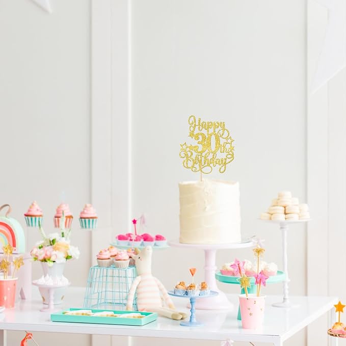 1 PCS Happy 30th Birthday Cake Topper Glitter Cheers to 30 Years Birthday Cake Pick Hello 30 Fabulous Cake Decoration for Happy 30th Birthday Anniversary Party Decorations Supplies Gold