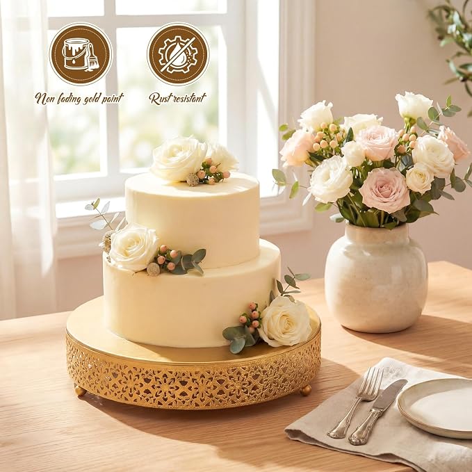 Wenqik Cake Stand 12 Inch Round Metal Cupcake Dessert Wedding Cake Stand Cookies Display Holder Fruit Serving Tray for Table Wedding Birthday Anniversary Party(Gold)